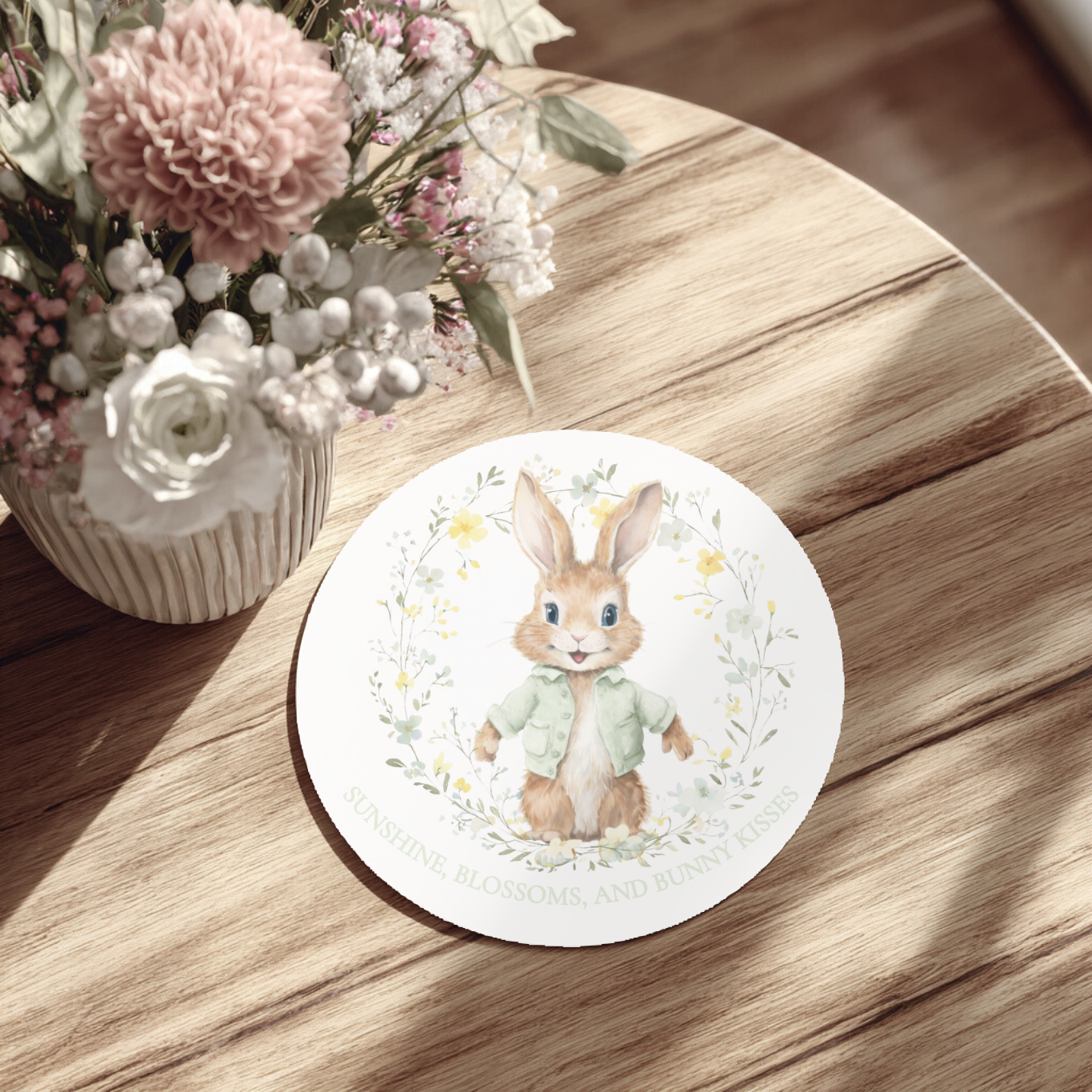 Sunshine, Blossom & Bunny Kisses Spring Sage Green Design 2x Ceramic Round Coaster