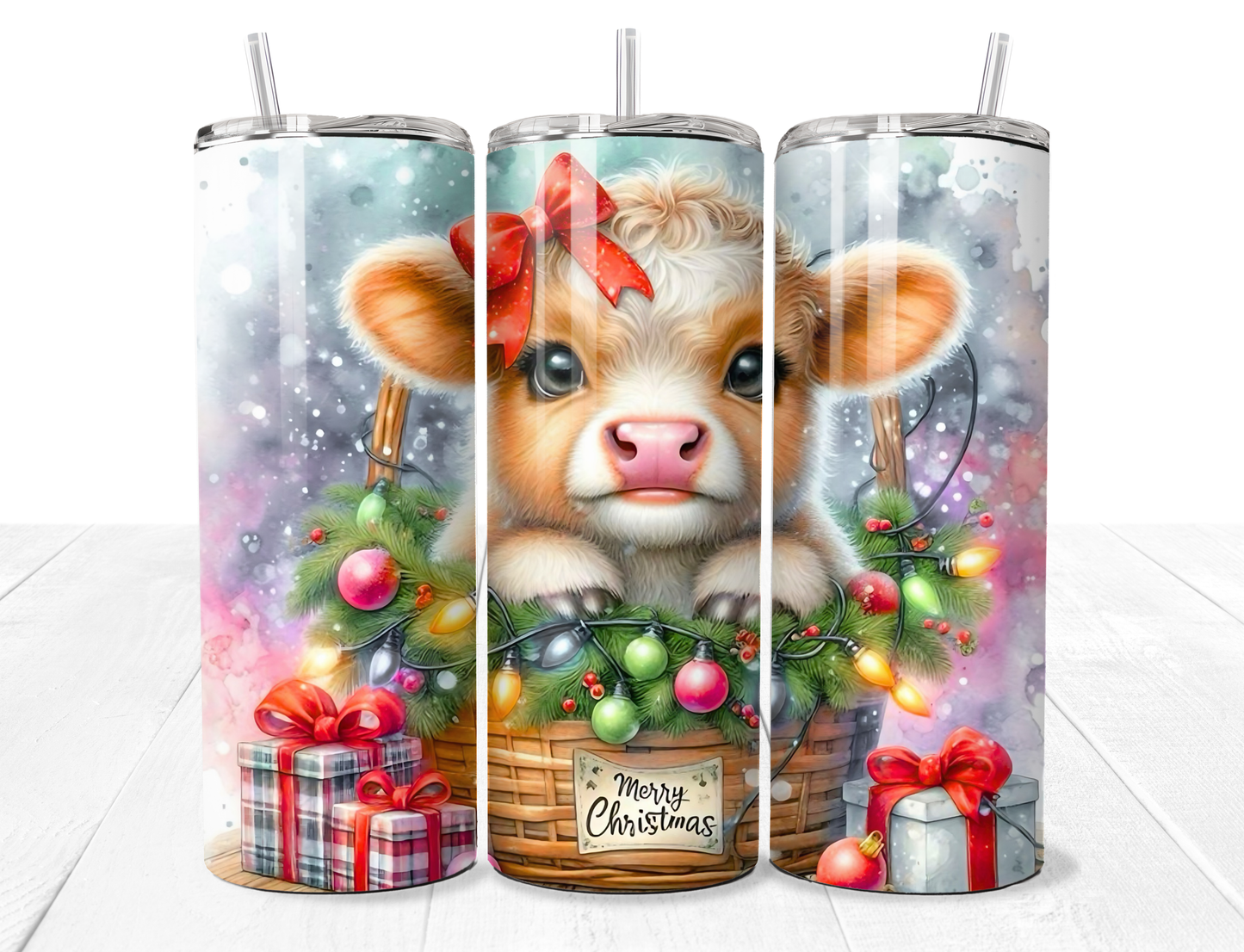 Baby Highland Cow In Christmas Basket 20oz Stainless Tumbler