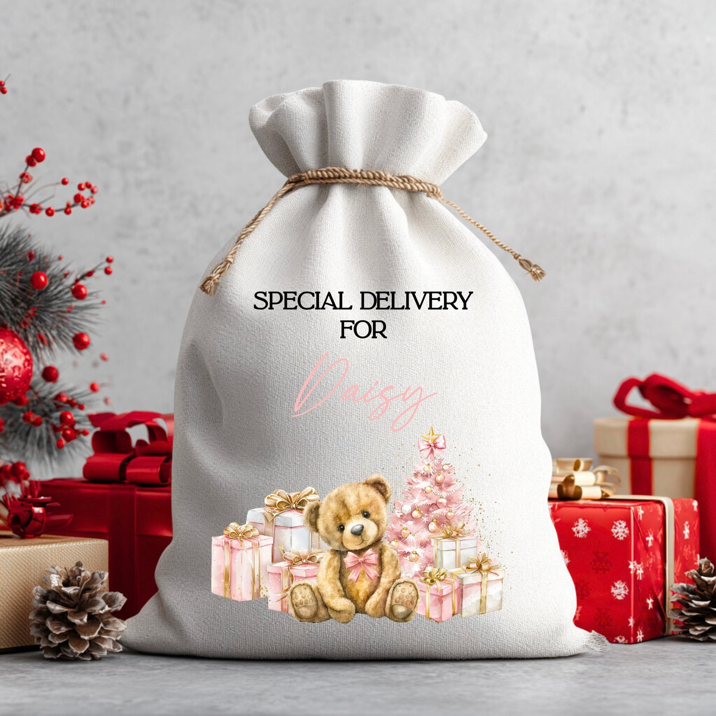 Personalised Special Delivery For…. Bear With Presents Santa Sack Girl
