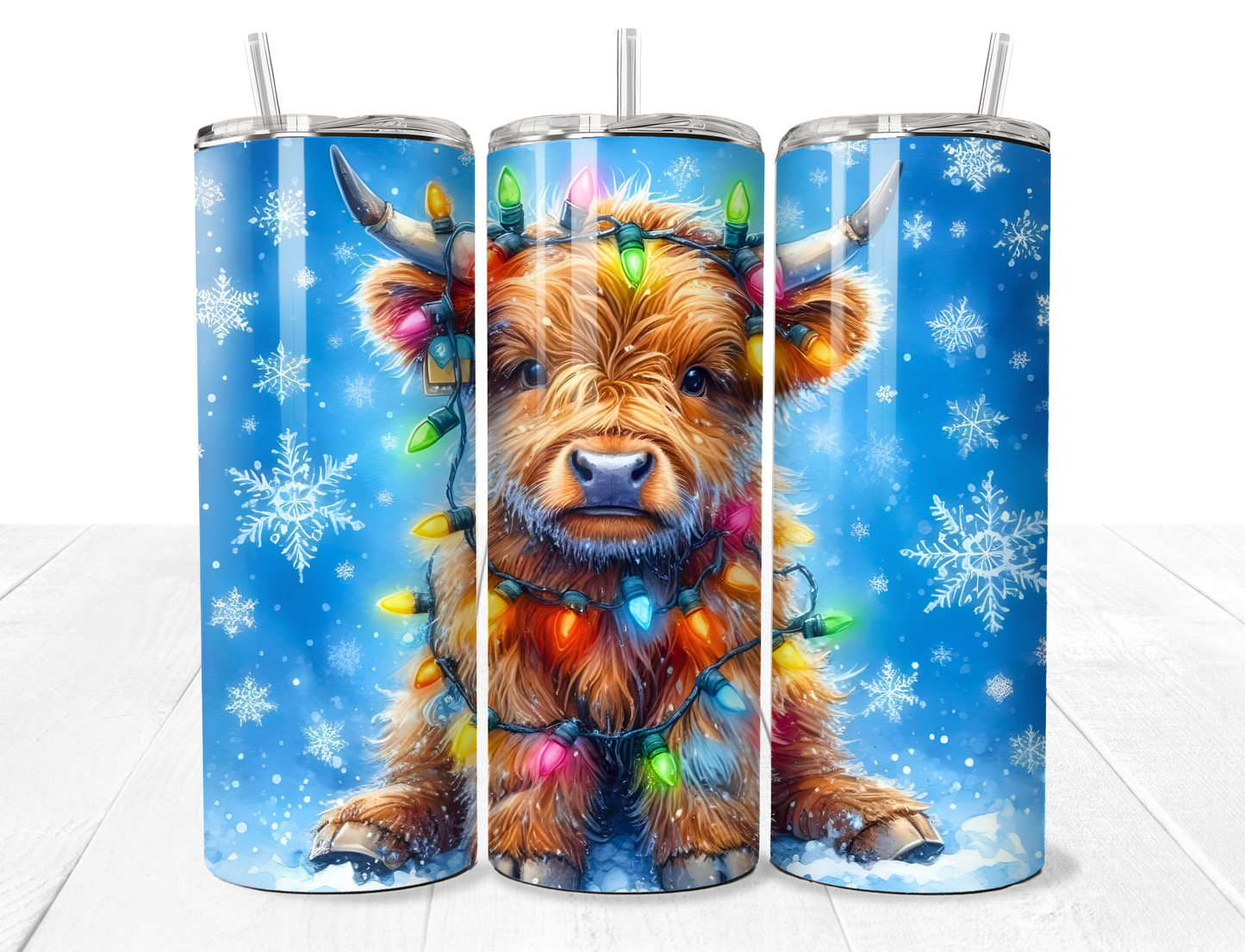 Highland Cow Wrapped In Christmas Lights 20oz Stainless Tumbler