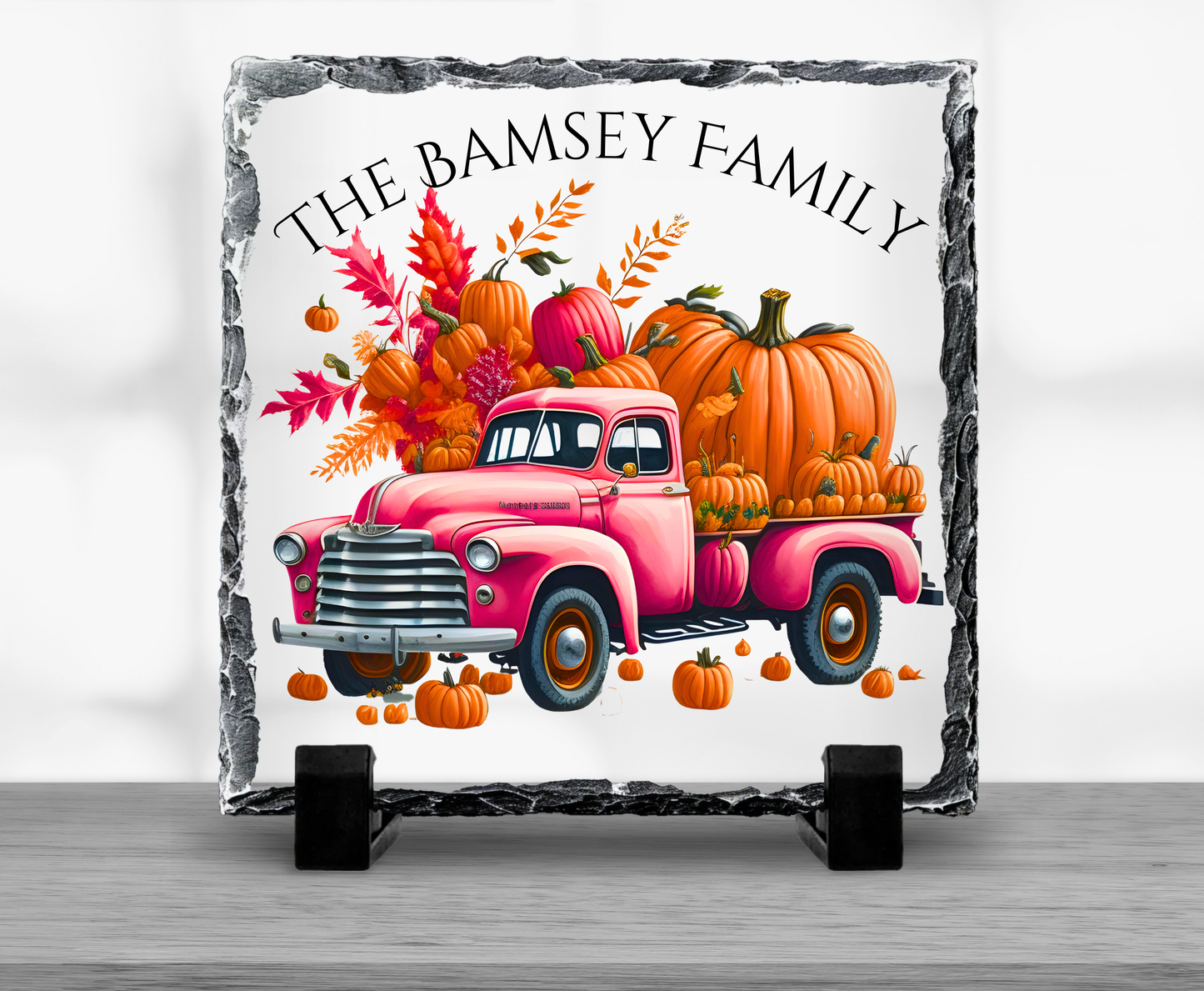Family Name Autumn Truck & Pumpkin Square Slate 20x20cm