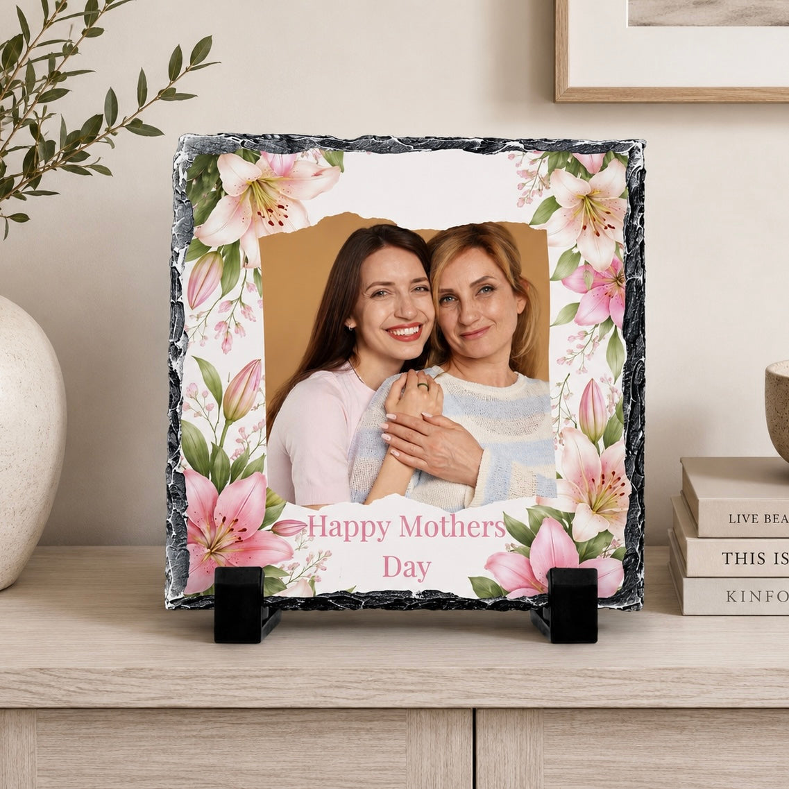 Happy Mothers Day Image Slate Pink & White Lillies Border 20x20cm Glossy