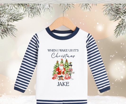 Personalised Navy Blue Santa Stripe When I Wake Up, It's Christmas Kids Pyjamas - Pre Order