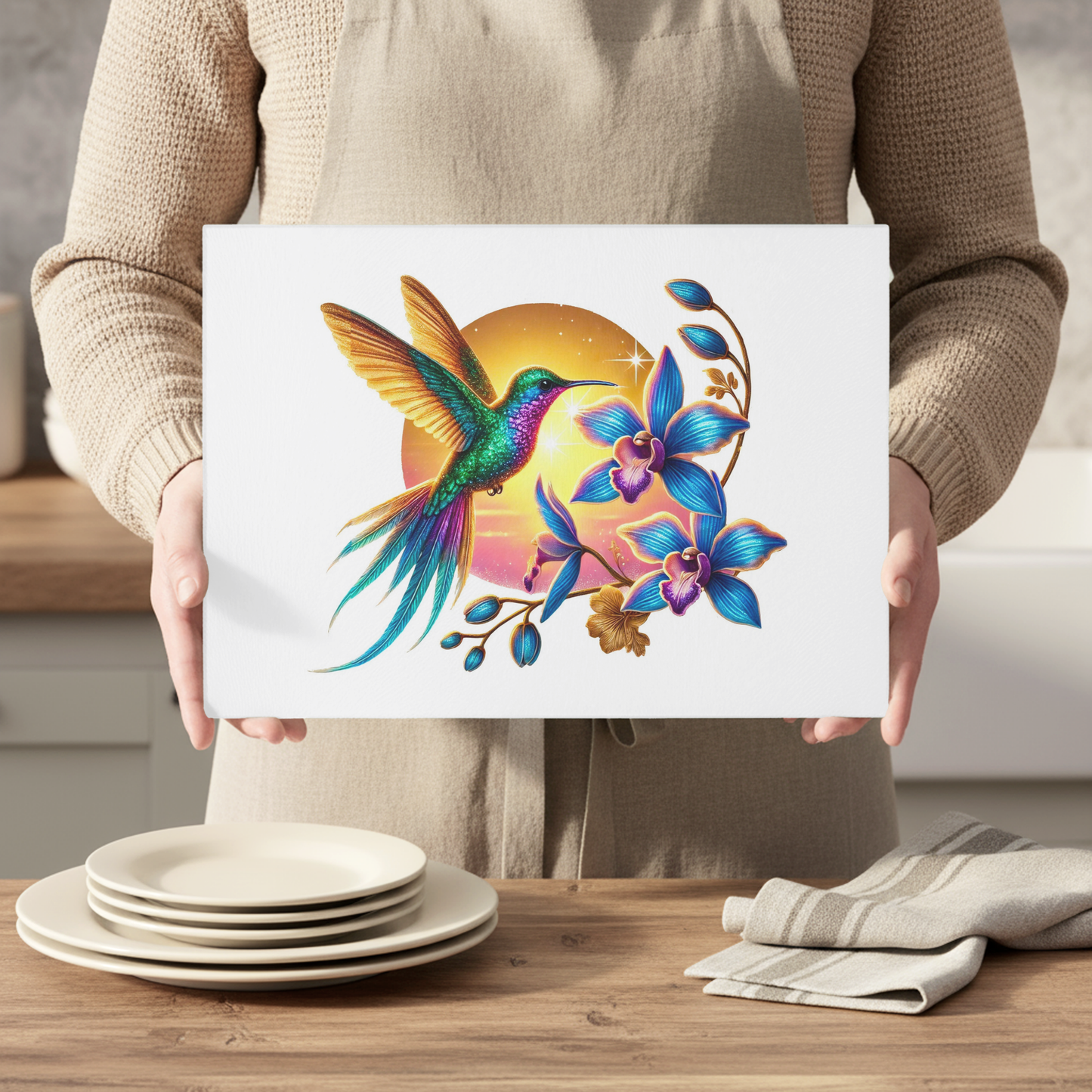 Vibrant Colourful Hummingbird Spring Design A4 Glass Textured Chopping Board