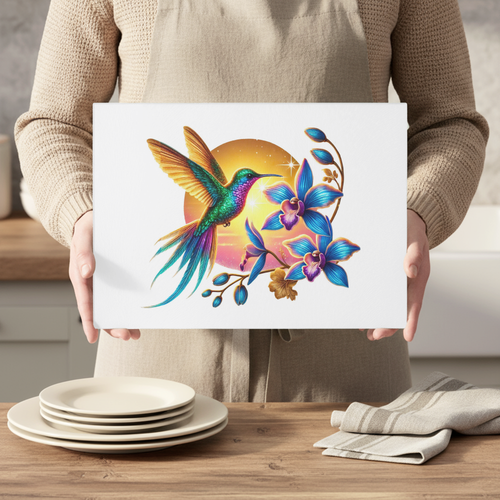 Vibrant Colourful Hummingbird Spring Design A4 Glass Textured Chopping Board