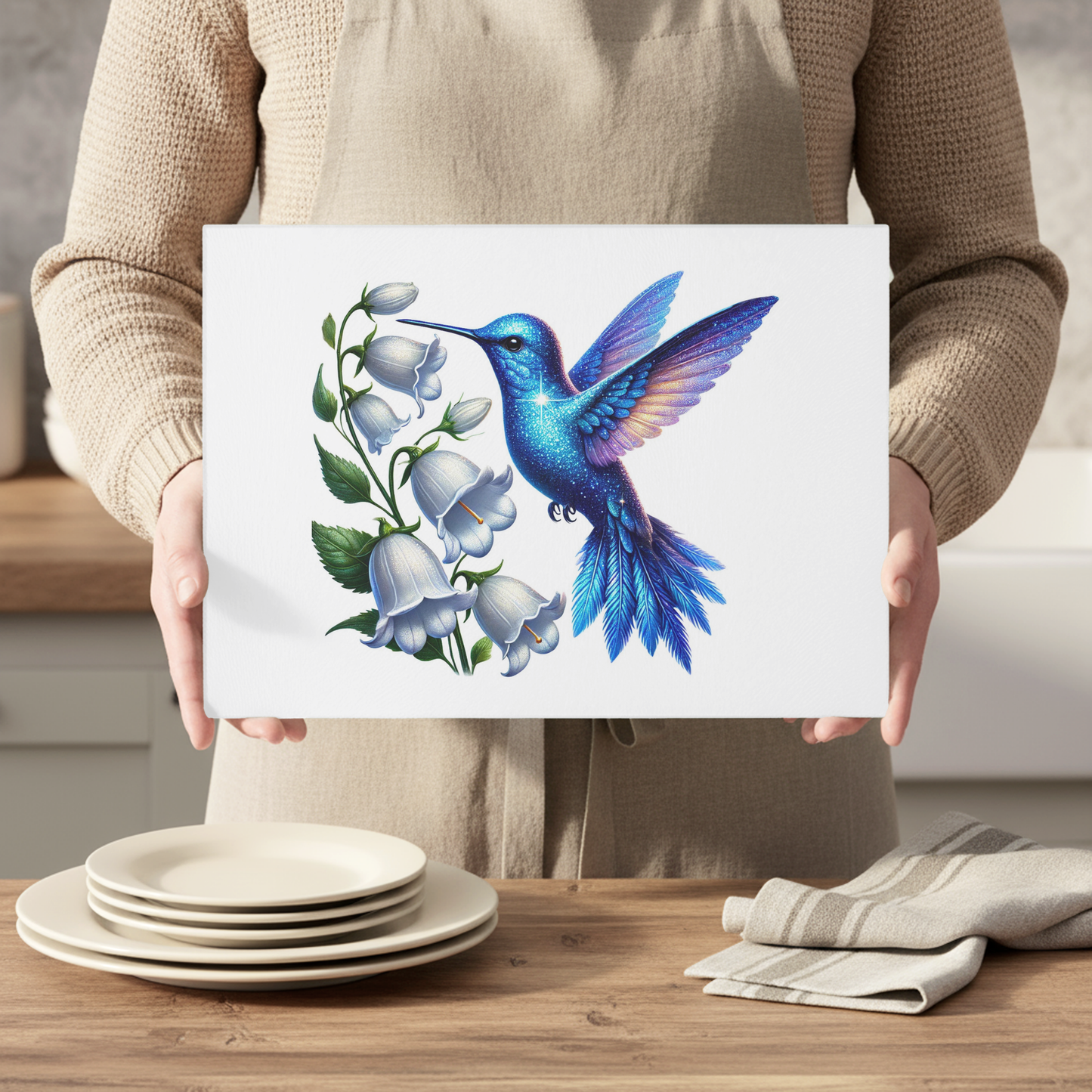 Blue Hummingbird Spring Design A4 Glass Textured Chopping Board