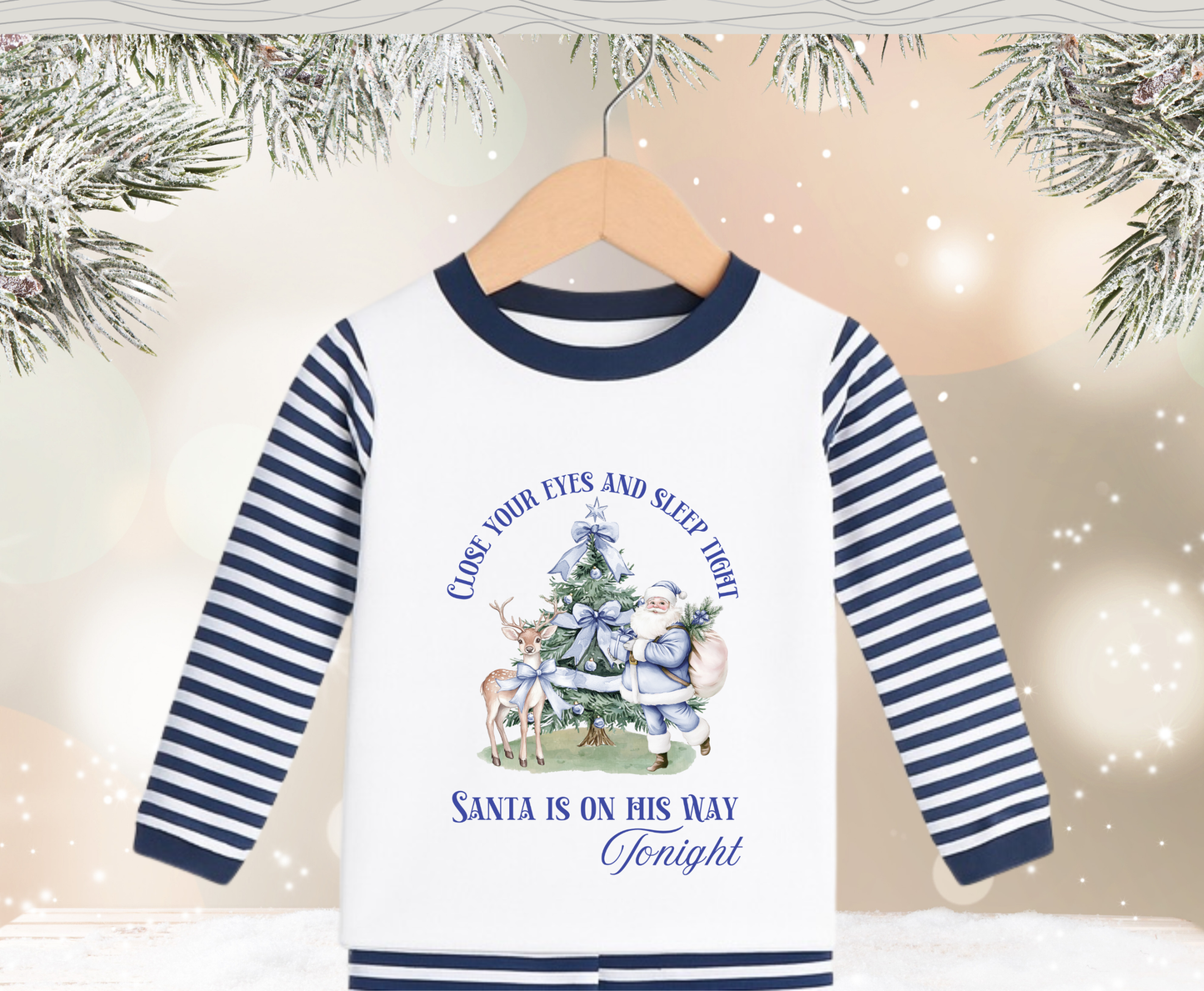 Navy Blue Stripe Santa Is On His Way Tonight Kids Pyjamas - Pre Order