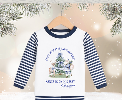 Navy Blue Stripe Santa Is On His Way Tonight Kids Pyjamas - Pre Order