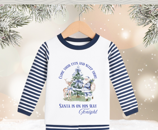 Navy Blue Stripe Santa Is On His Way Tonight Kids Pyjamas - Pre Order