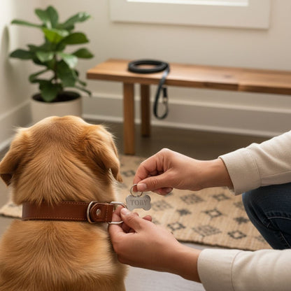 A person is placing a silver dog collar with a name tag on a golden retriever dog's neck.