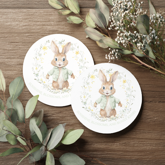 Sunshine, Blossom & Bunny Kisses Spring Sage Green Design 2x Ceramic Round Coaster