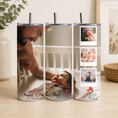 tumbler with printed images of a man and two children, along with text that reads "Happy 1st Father's Day! 10.02.20".