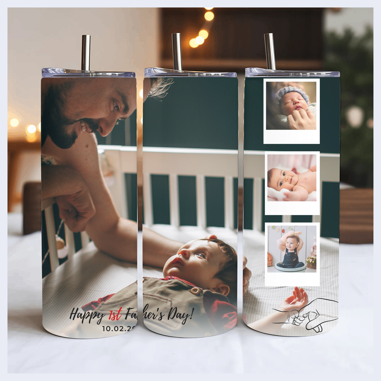 A 3D printed cylindrical container with a photo collage of a man and a baby, along with the text "Happy 1st Father's Day! 10.02.20" printed on it.