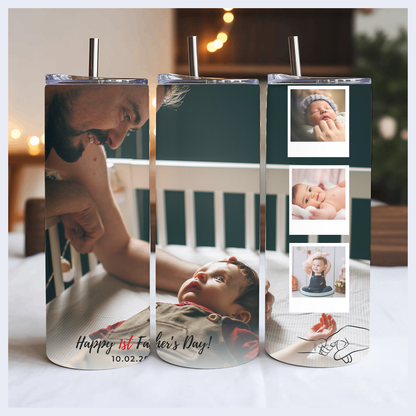 A 3D printed cylindrical container with a photo collage of a man and a baby, along with the text "Happy 1st Father's Day! 10.02.20" printed on it.