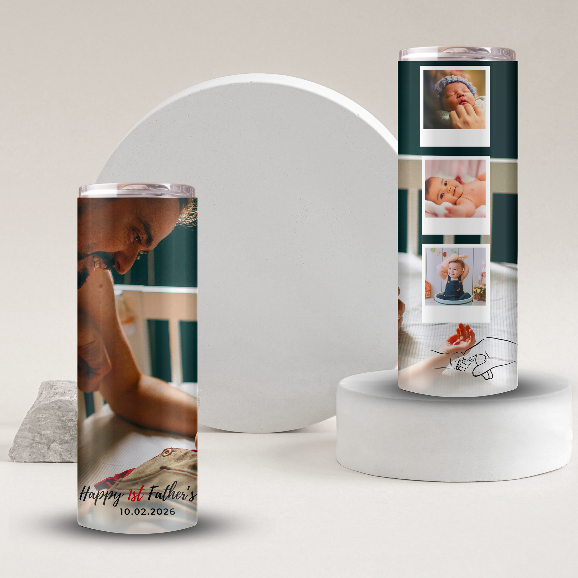 a cylindrical container with a collage of photos, including a baby and a father, along with the text "Happy 1st Father's 10.02.2026".