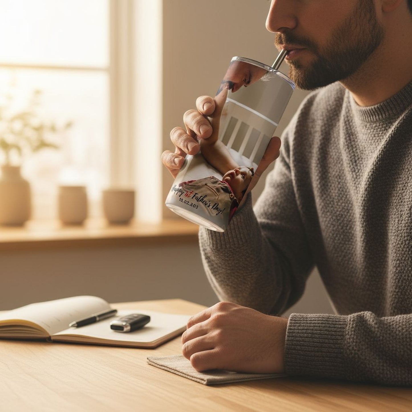 A man in a gray sweater is sitting at a desk, sipping from a straw-style beverage container with a printed design on it. There are various objects on the desk, including a notebook, a pen, and a cell phone.