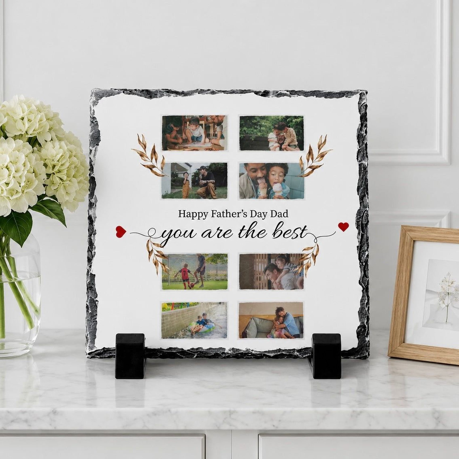 A personalized stone photo frame displaying a collage of photos with the text "Happy Father's Day Dad, you are the best" at the center.