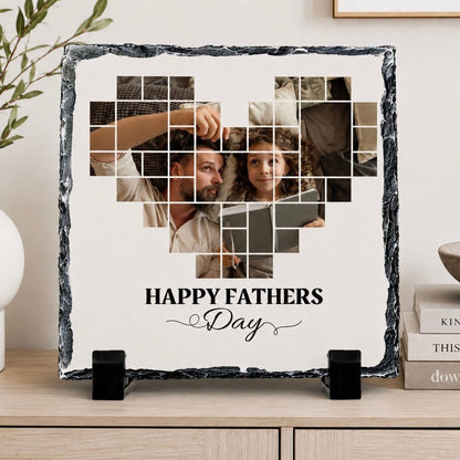 A heart-shaped photo collage featuring a man and a young girl, with the text "Happy Fathers' Day" displayed prominently.