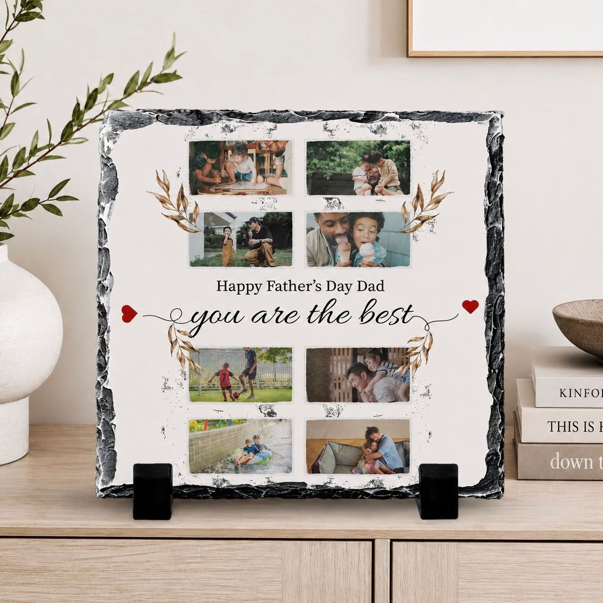 A personalized photo frame with a collage of family photos and a message that reads "Happy Father's Day Dad you are the best".