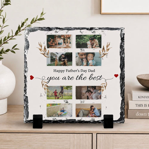A personalized photo frame with a collage of family photos and a message that reads "Happy Father's Day Dad you are the best".