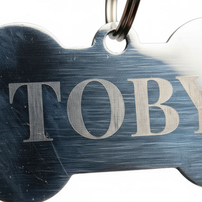 A close-up view of a metal dog tag with the name "TOBY" engraved on it.