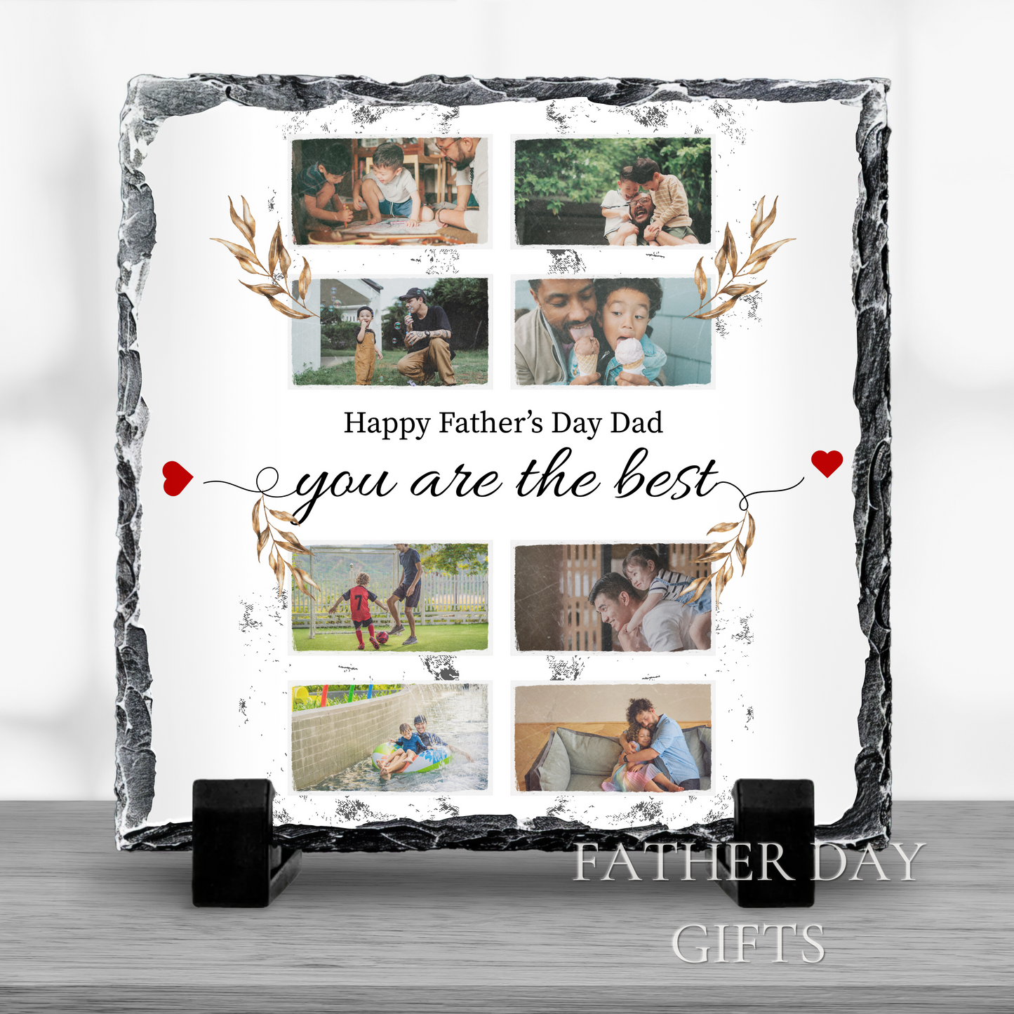 A stone frame with a collage of photos and a message that reads "Happy Father's Day Dad you are the best".