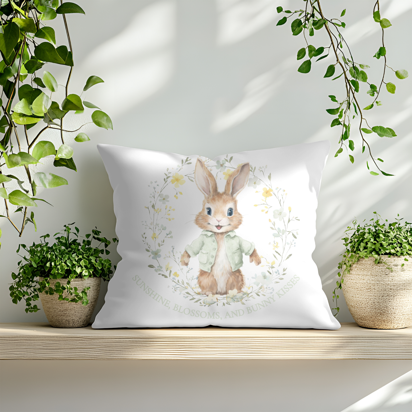 Sunshine, Blossom & Bunny Kisses Spring Sage Green Design Cushion Cover 40x40CM