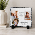A stone photo frame displaying a collage of three photographs, along with a message that reads 