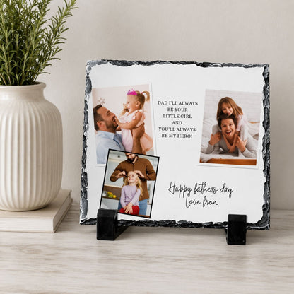 A stone photo frame displaying a collage of three photographs, along with a message that reads "Happy fathers day love from".