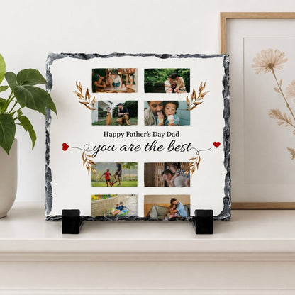 A personalized stone photo frame displaying a collage of photos with the text "Happy Father's Day Dad, you are the best" written on it.