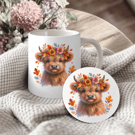 Floral Highland Cow 11oz Mug & Ceramic Coaster Set