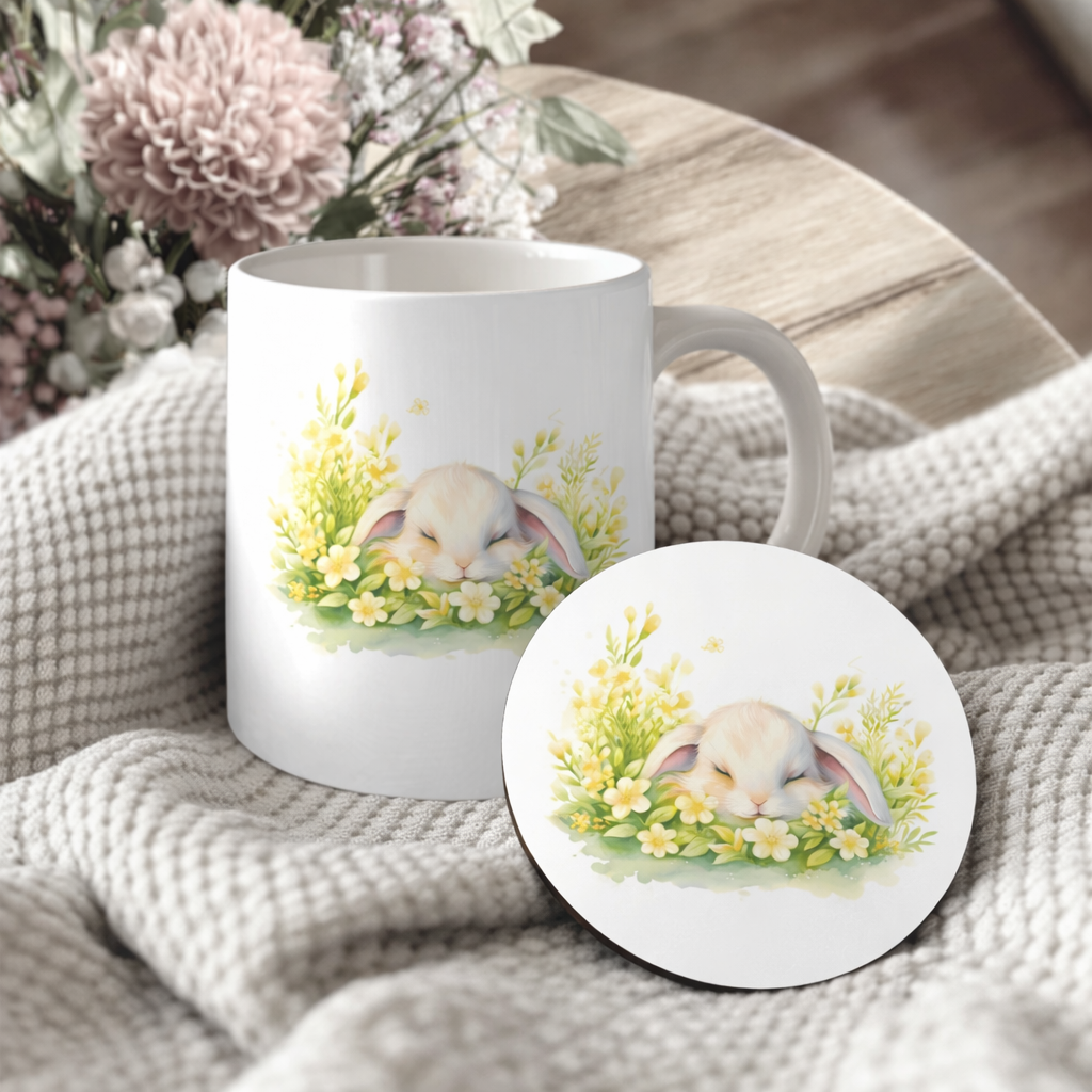 Springtime Sleepy Bunny 11oz Mug & Ceramic Coaster Set