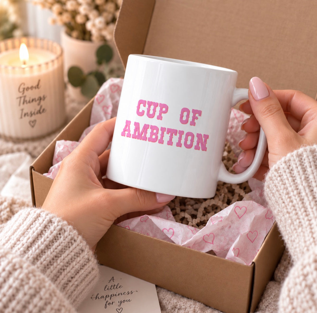 Cup of Ambition mug held over a gift box with pink tissue paper