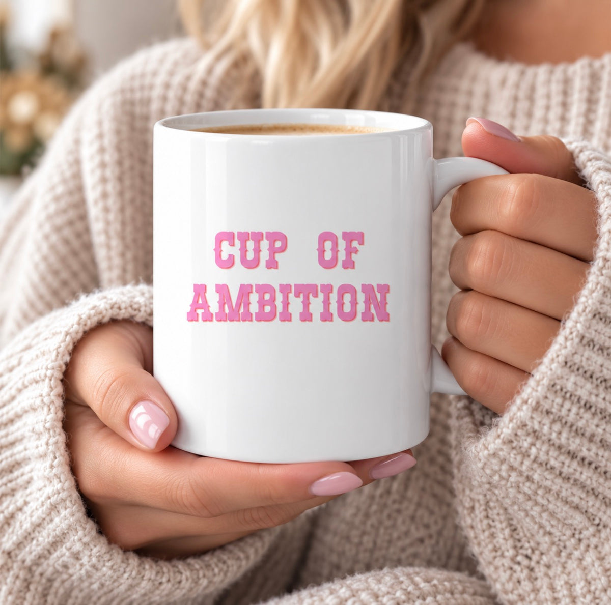 White Cup of Ambition mug with retro pink lettering
