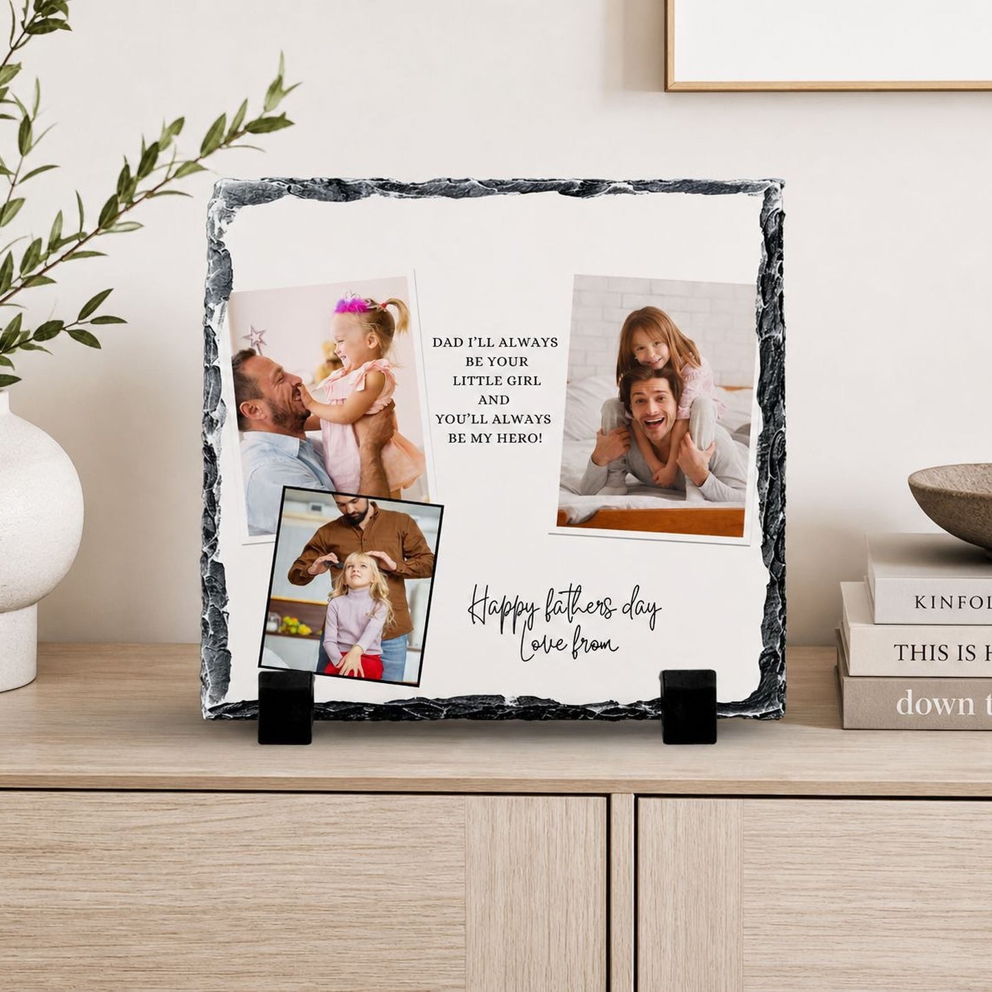 A personalized stone photo frame displaying a collage of family photos, accompanied by a message that reads "Happy Father's Day love from".