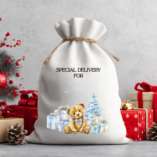 Personalised Special Delivery For…. Bear With Presents Santa Sack Boy