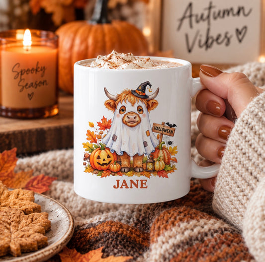 Personalised Highland cow Halloween mug with ghost and pumpkin design