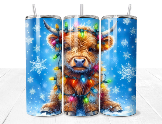 Highland Cow Wrapped In Christmas Lights 20oz Stainless Tumbler