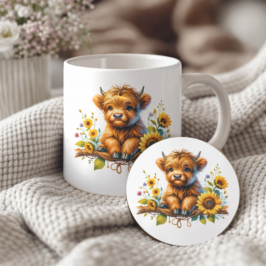 Sunflower Highland Cow 11oz Mug & Ceramic Coaster Set