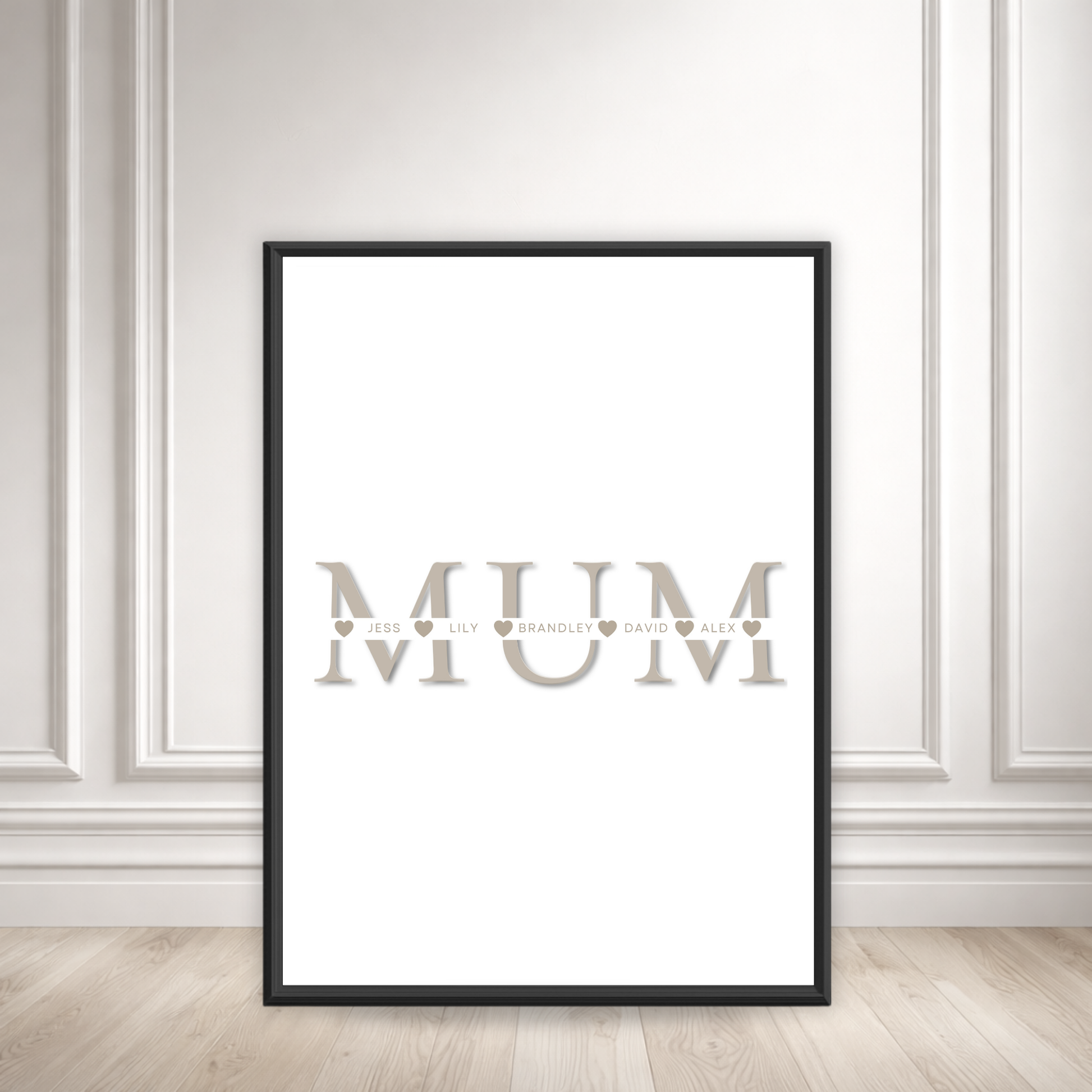 A framed poster with the word "MUM" prominently displayed in the center.