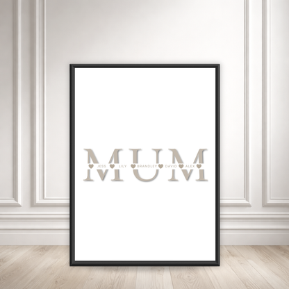A framed poster with the word "MUM" prominently displayed in the center.