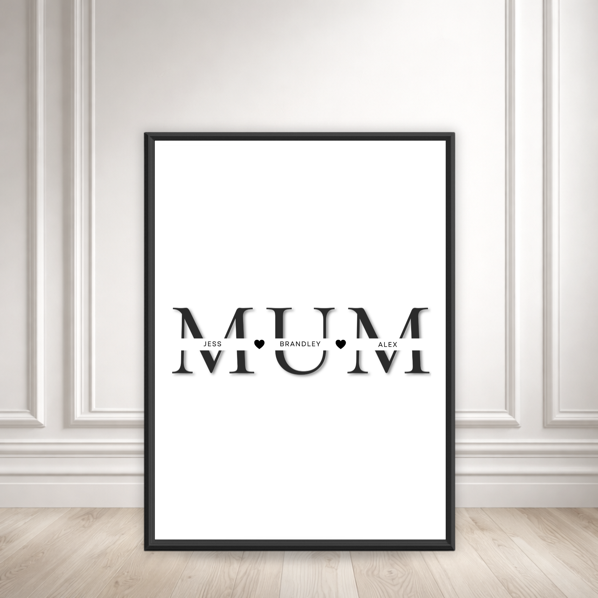 A framed poster with the word "MUM" prominently displayed in the center.