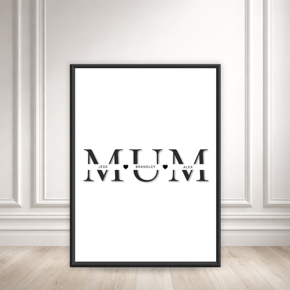 A framed poster with the word "MUM" prominently displayed in the center.