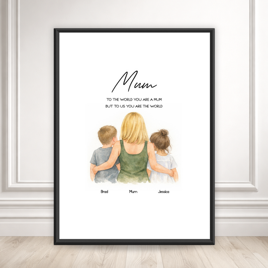 Personalised Mum & Children with Names | Watercolour Sketch Style Art Print