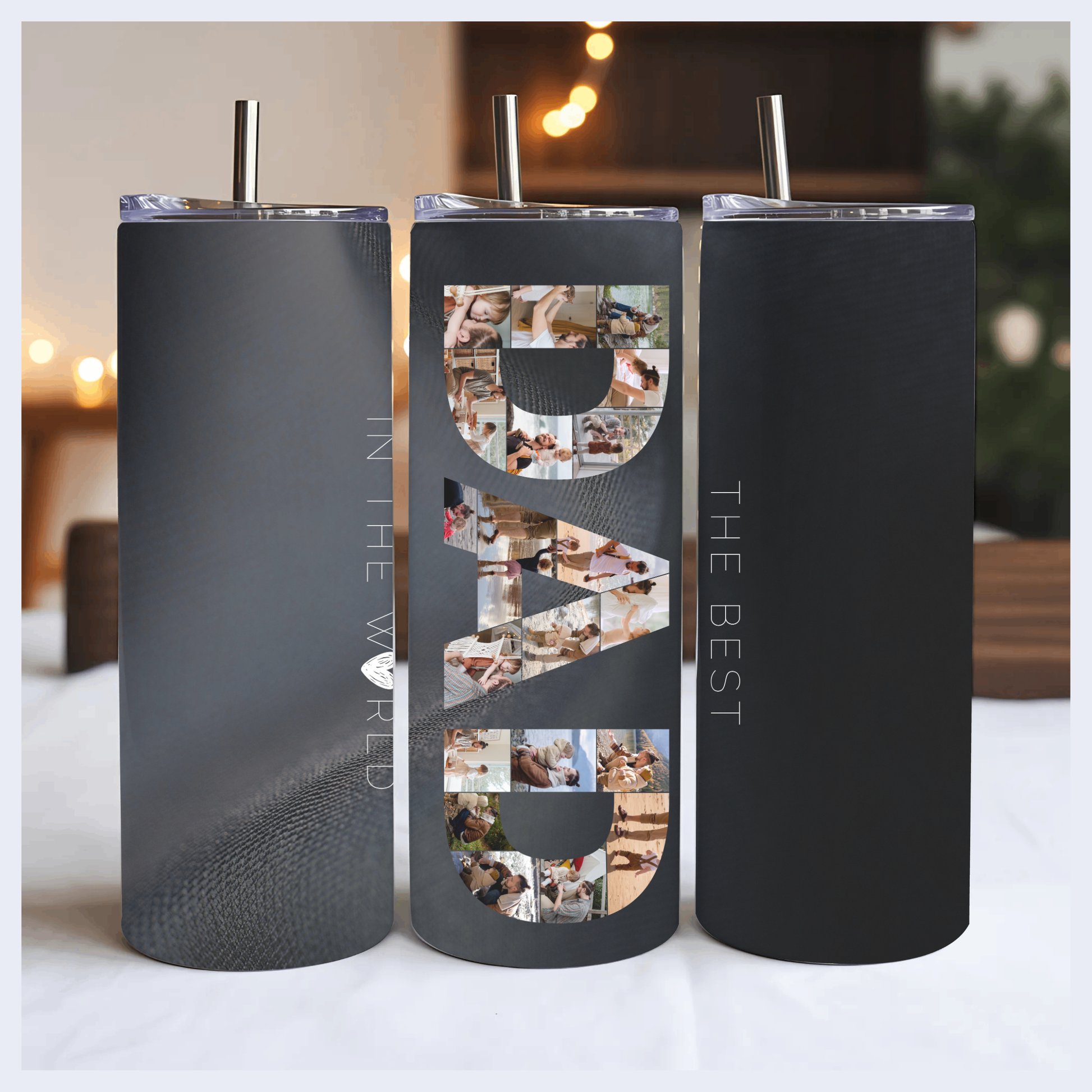 Black tumblers with the word "DAD" prominently displayed in the center.