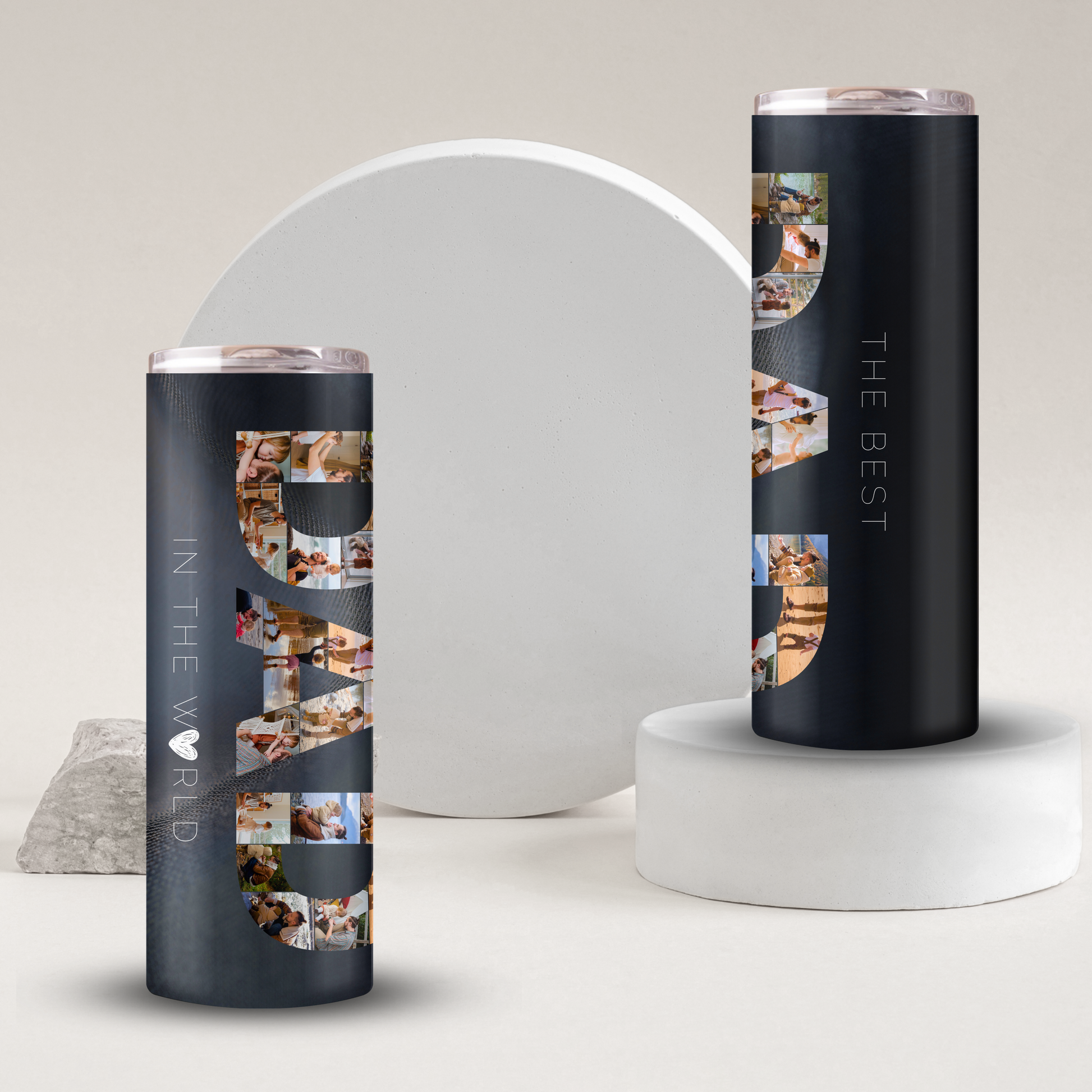 Black tumbler with the word "DAD" printed on them, surrounded by various images of people.