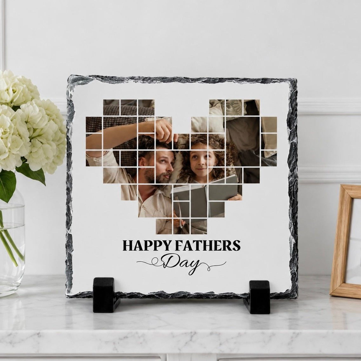 A heart-shaped photo collage featuring a man and a young girl, with the text "Happy Fathers' Day" displayed on the collage.