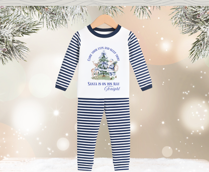 Navy Blue Stripe Santa Is On His Way Tonight Kids Pyjamas - Pre Order