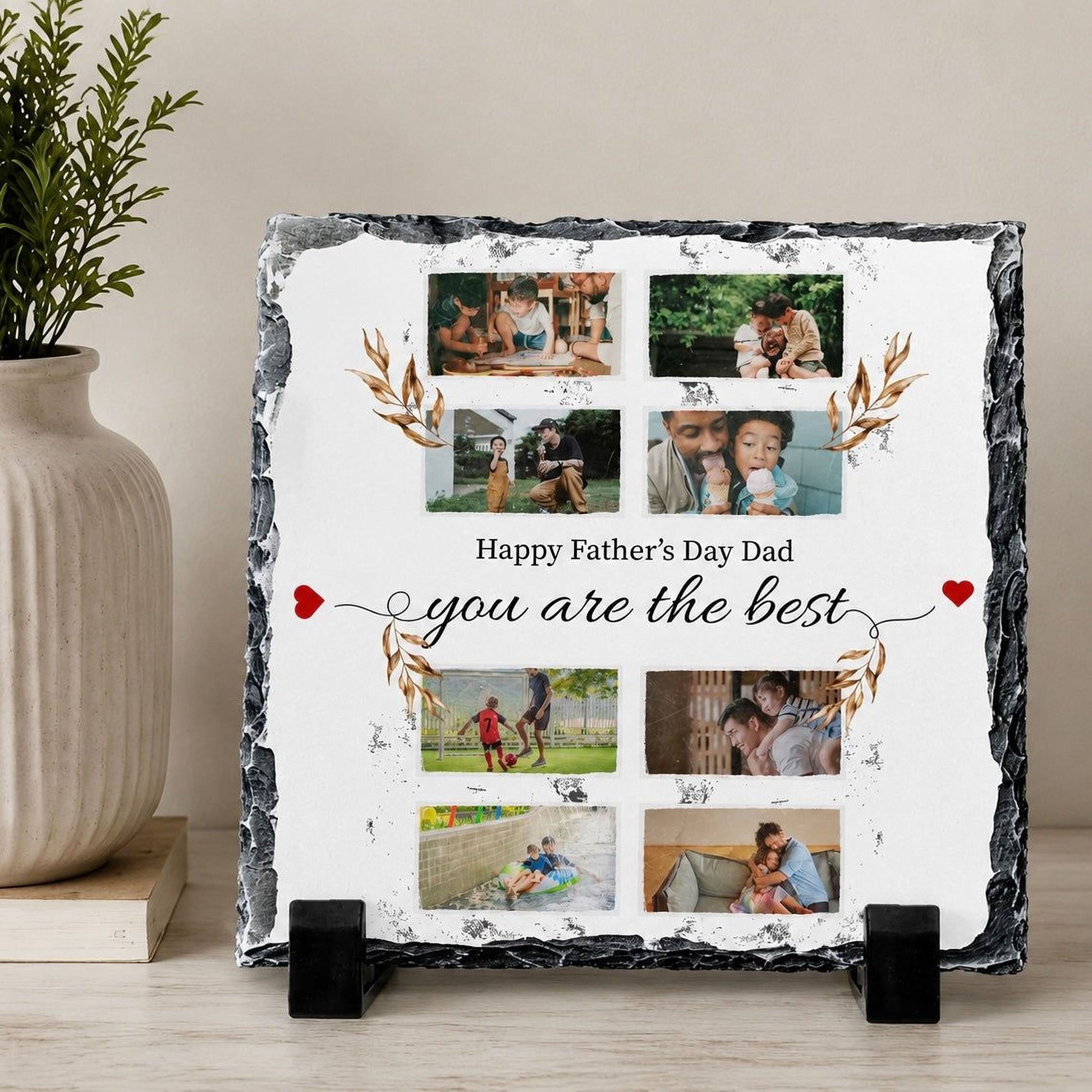 A personalized stone photo frame displaying a collage of photos with the text "Happy Father's Day Dad you are the best" written on it.