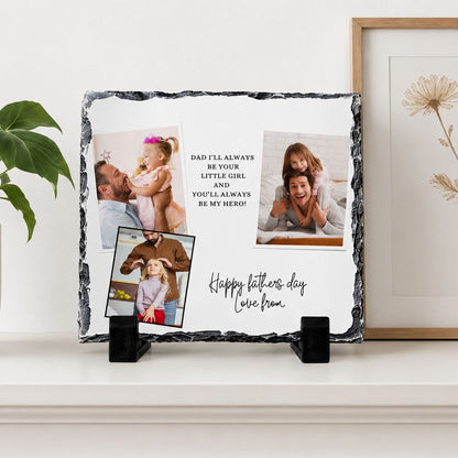 A personalized stone photo frame displaying a collage of family photos, along with a message that reads "Happy fathers day love from".